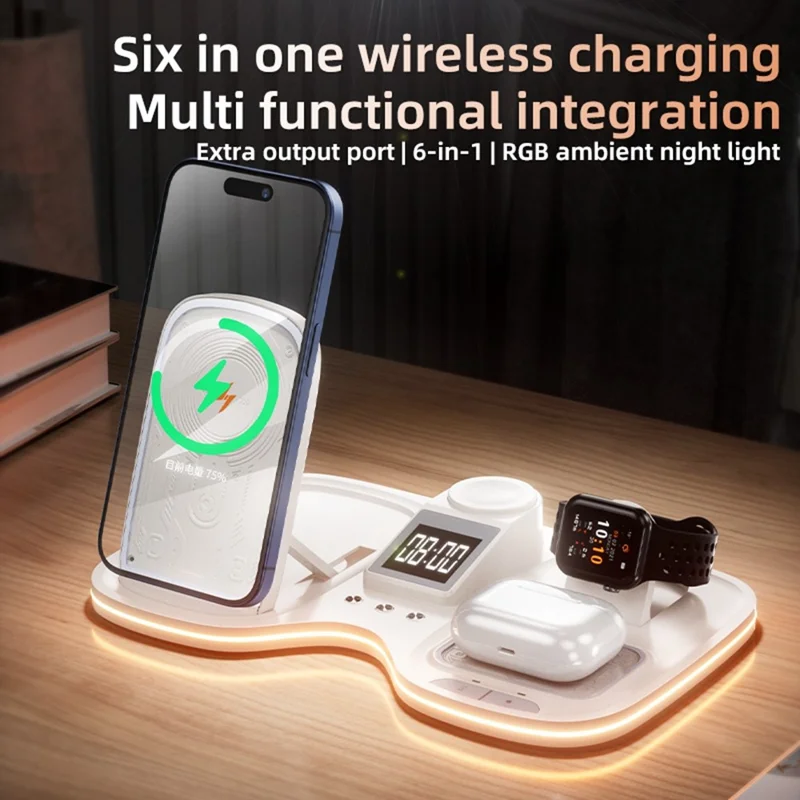 T60 Wireless Charging Station for Phone Watch Earbuds Magnetic Desktop Charger with Time Display