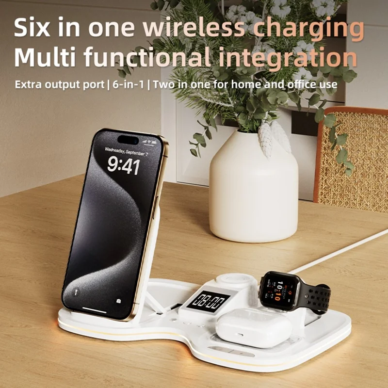 T60 Wireless Charging Station for Phone Watch Earbuds Magnetic Desktop Charger with Time Display
