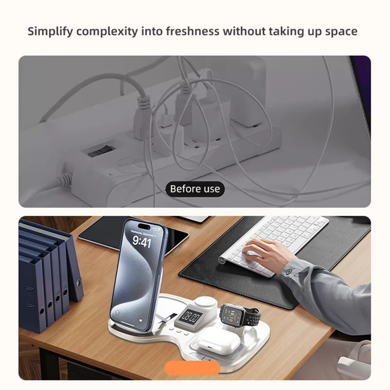 T60 Wireless Charging Station for Phone Watch Earbuds Magnetic Desktop Charger with Time Display
