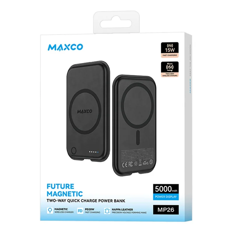 MAXCO MP26 Power Bank magnetico da 5000mAh, PD 20W, ricarica rapida Type C in pelle PU, per telefono / auricolari - Nero