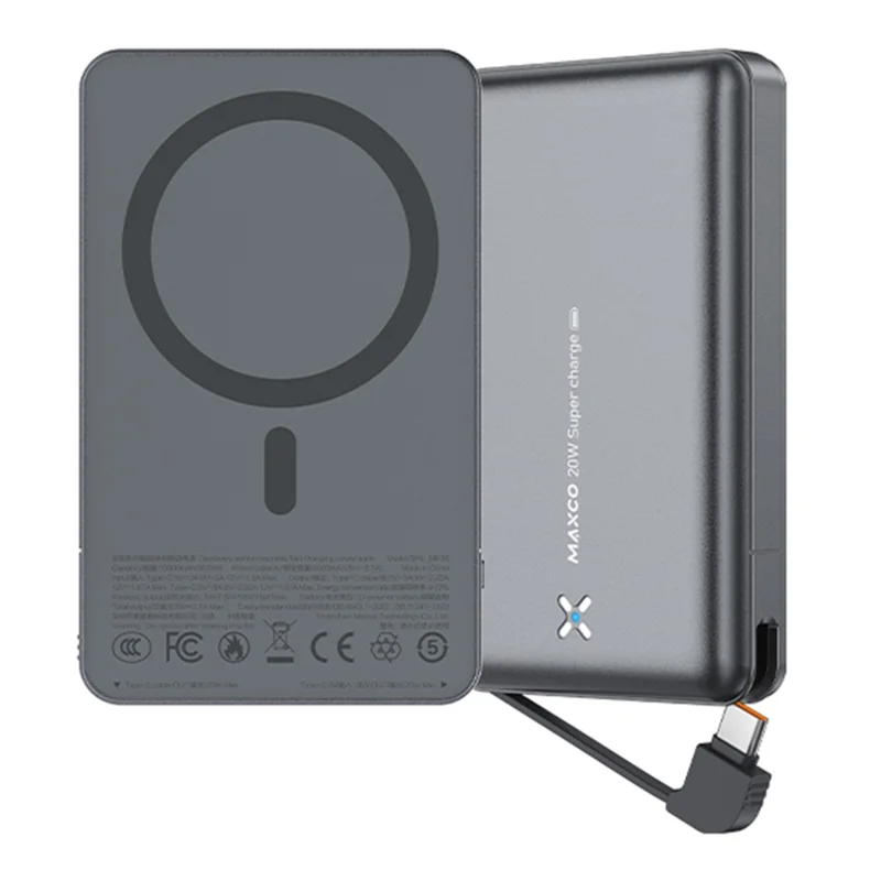 MAXCO MP36 15W Magnetic Wireless Fast Charger PD 20W Portable 10000mAh Power Bank Built In Type C Cable - Grey