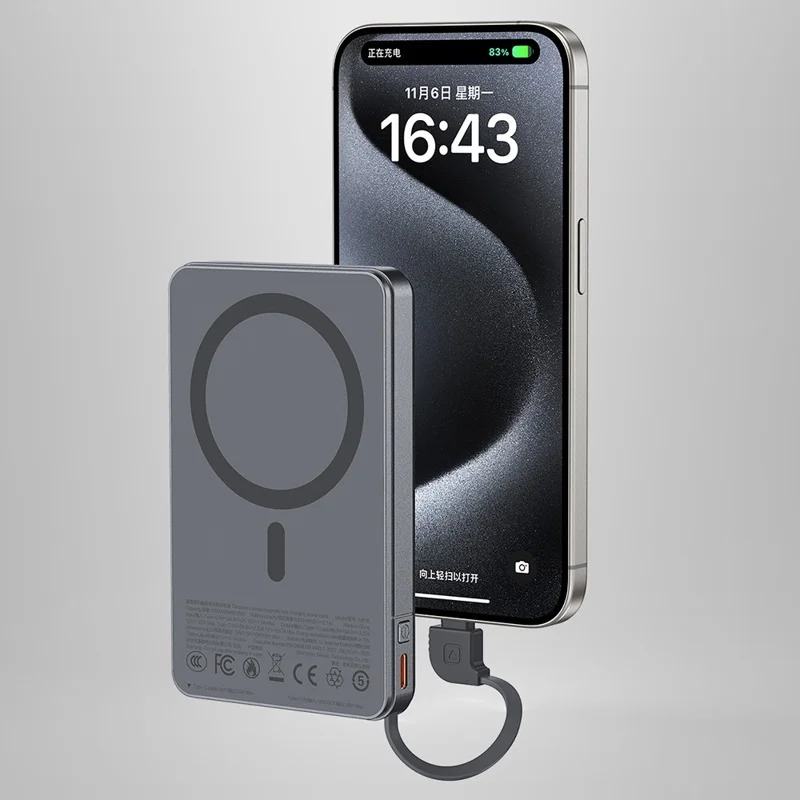 MAXCO MP36 15W Magnetic Wireless Fast Charger PD 20W Portable 10000mAh Power Bank Built In Type C Cable - Grey