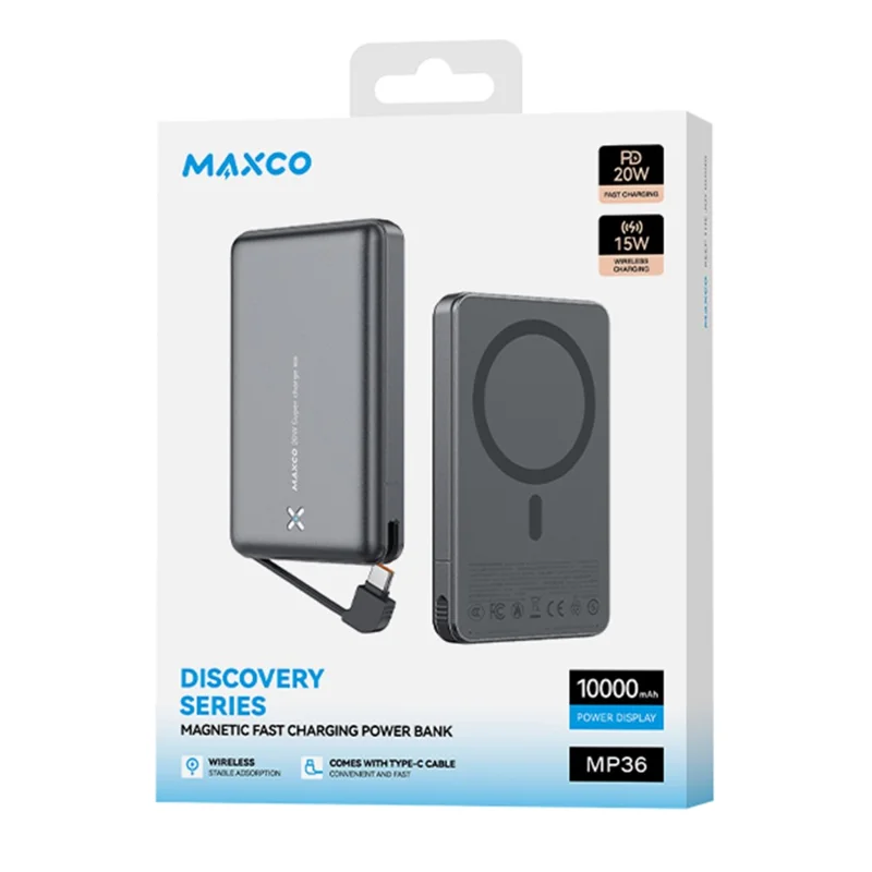 MAXCO MP36 15W Magnetic Wireless Fast Charger PD 20W Portable 10000mAh Power Bank Built In Type C Cable - Grey