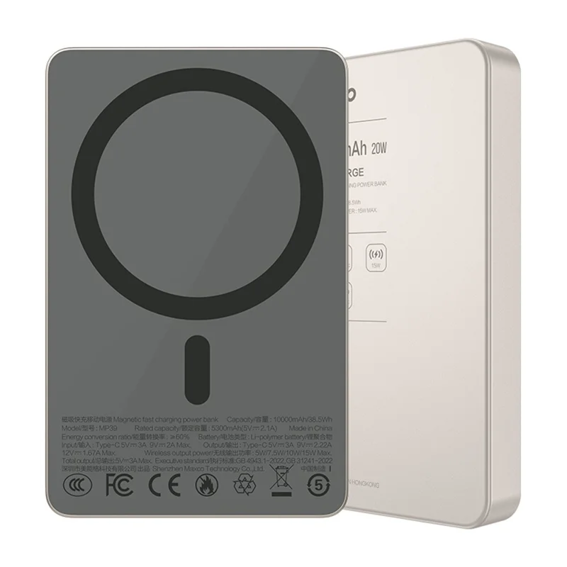 MAXCO MP39 10000mAh 15W Wireless Charging Power Bank Compatible with MagSafe PD 20W Portable Charger - Titanium Gold