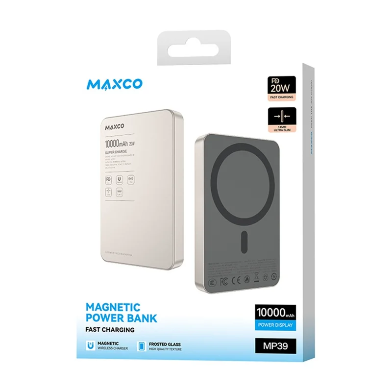 MAXCO MP39 10000mAh 15W Wireless Charging Power Bank Compatible with MagSafe PD 20W Portable Charger - Titanium Gold