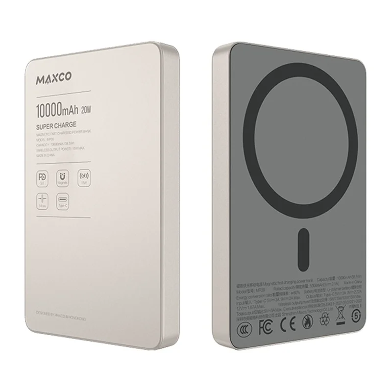 MAXCO MP39 10000mAh 15W Wireless Charging Power Bank Compatible with MagSafe PD 20W Portable Charger - Titanium Gold