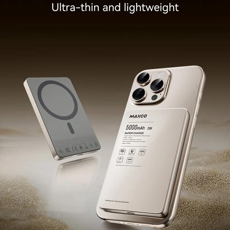 MAXCO MP39 10000mAh 15W Wireless Charging Power Bank Compatible with MagSafe PD 20W Portable Charger - Titanium Gold