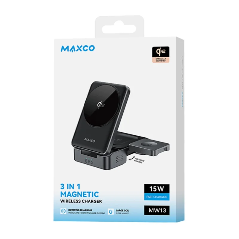 MAXCO MW13 3 in 1 Qi2 Magnetic Wireless Charger Foldable 15W Fast Charging Stand for Phone / Earbuds / Watch