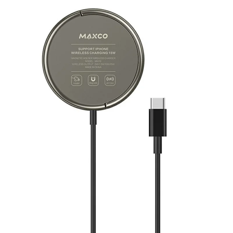MAXCO MW10 15W Magnetic Wireless Charger Zinc Alloy Round Phone Charging Pad with Kickstand