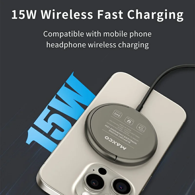MAXCO MW10 15W Magnetic Wireless Charger Zinc Alloy Round Phone Charging Pad with Kickstand