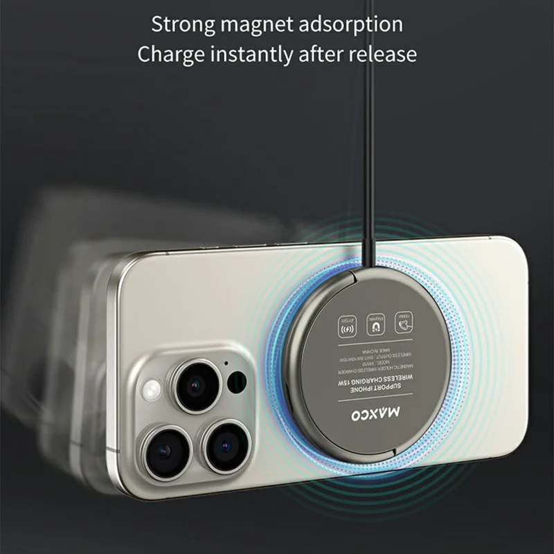 MAXCO MW10 15W Magnetic Wireless Charger Zinc Alloy Round Phone Charging Pad with Kickstand