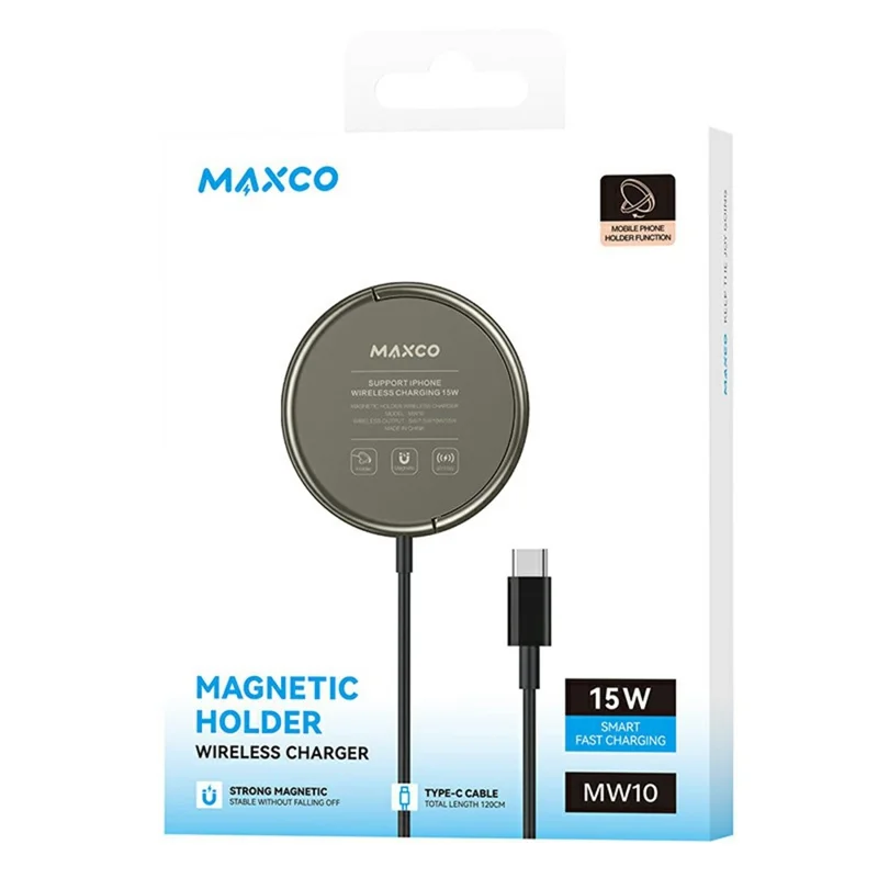 MAXCO MW10 15W Magnetic Wireless Charger Zinc Alloy Round Phone Charging Pad with Kickstand