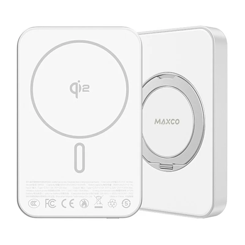MAXCO MP33 Qi2 5000mAh Wireless Power Bank PD 20W Fast Charging Magnetic Portable Charger with Stand - White
