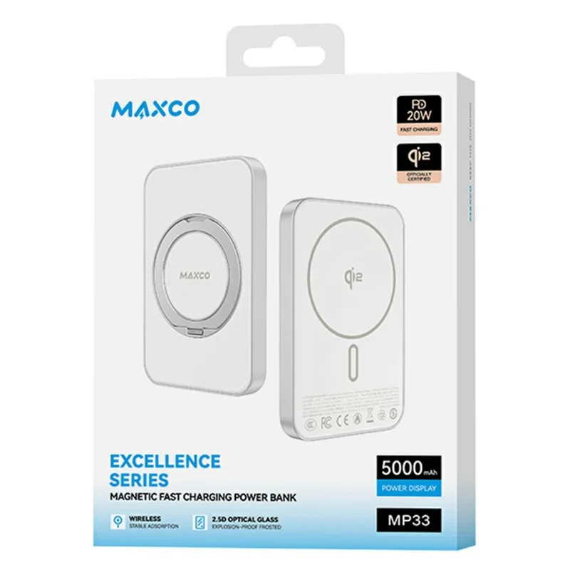 MAXCO MP33 Qi2 5000mAh Wireless Power Bank PD 20W Fast Charging Magnetic Portable Charger with Stand - White
