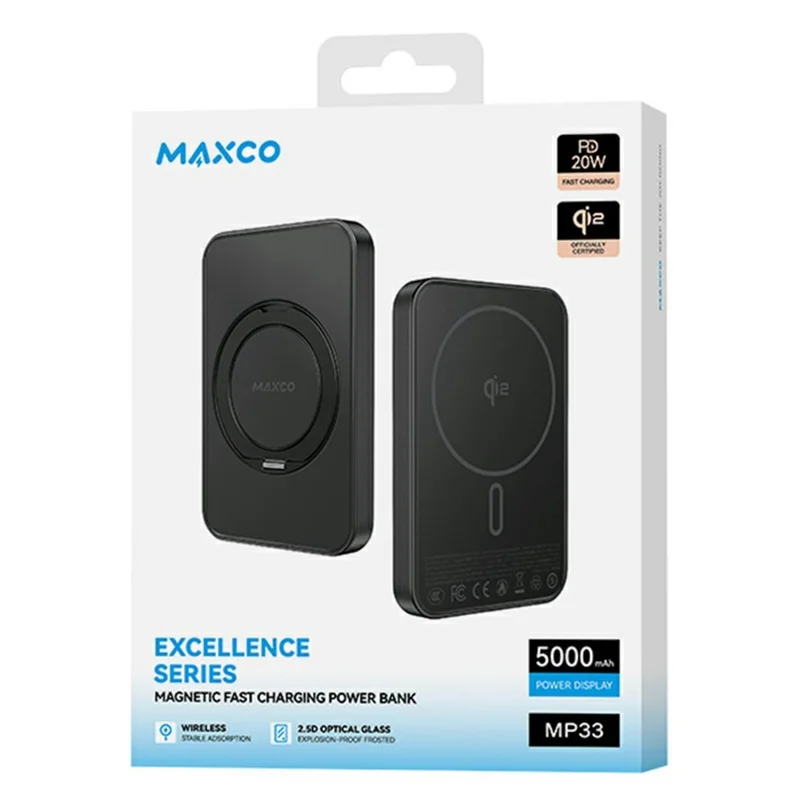 MAXCO MP33 Qi2 5000mAh Wireless Power Bank PD 20W Fast Charging Magnetic Portable Charger with Stand - Black