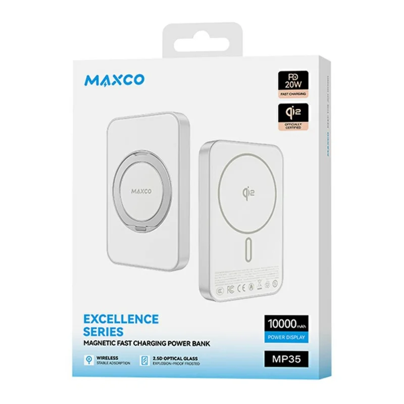 MAXCO MP35 Qi2 10000mAh PD 20W Type C Fast Charging Portable Charger Compatible with MagSafe Power Bank - White