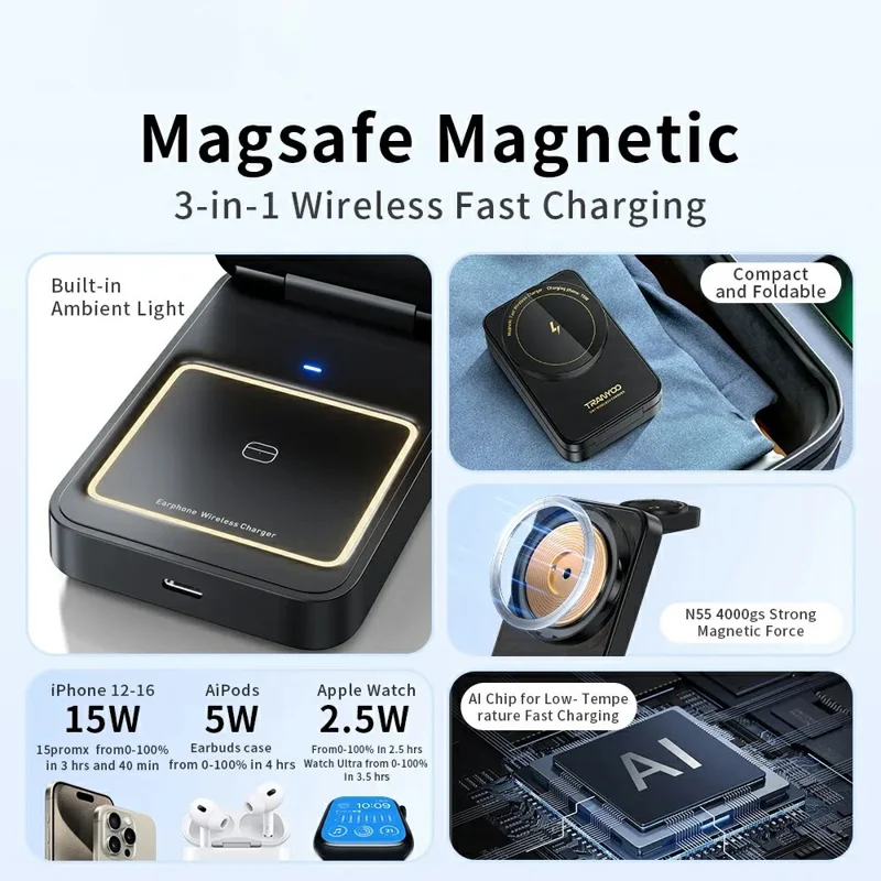 TRANYOO T-WF3 Für Apple Watch iPhone AirPods 3-in-1 Magnetischer Wireless Ladegerät Faltbarer Ladeständer - Weiß