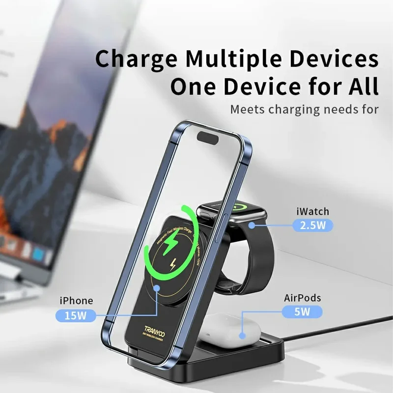 TRANYOO T-WF3 Für Apple Watch iPhone AirPods 3-in-1 Magnetischer Wireless Ladegerät Faltbarer Ladeständer - Weiß