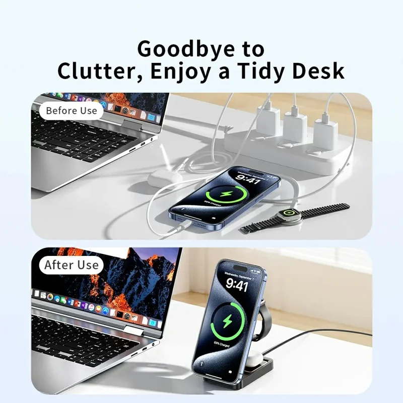 TRANYOO T-WF3 For Apple Watch iPhone AirPods 3 in 1 Magnetic Wireless Charger Foldable Charging Stand - Black