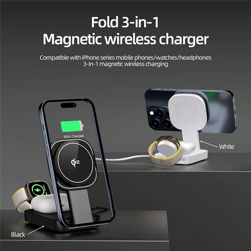 C40 Qi2 Magnetic Wireless Charger for iPhone / Apple Watch / AirPods 3 in 1 Foldable 15W Fast Charging Dock with LED Warm Light - Black