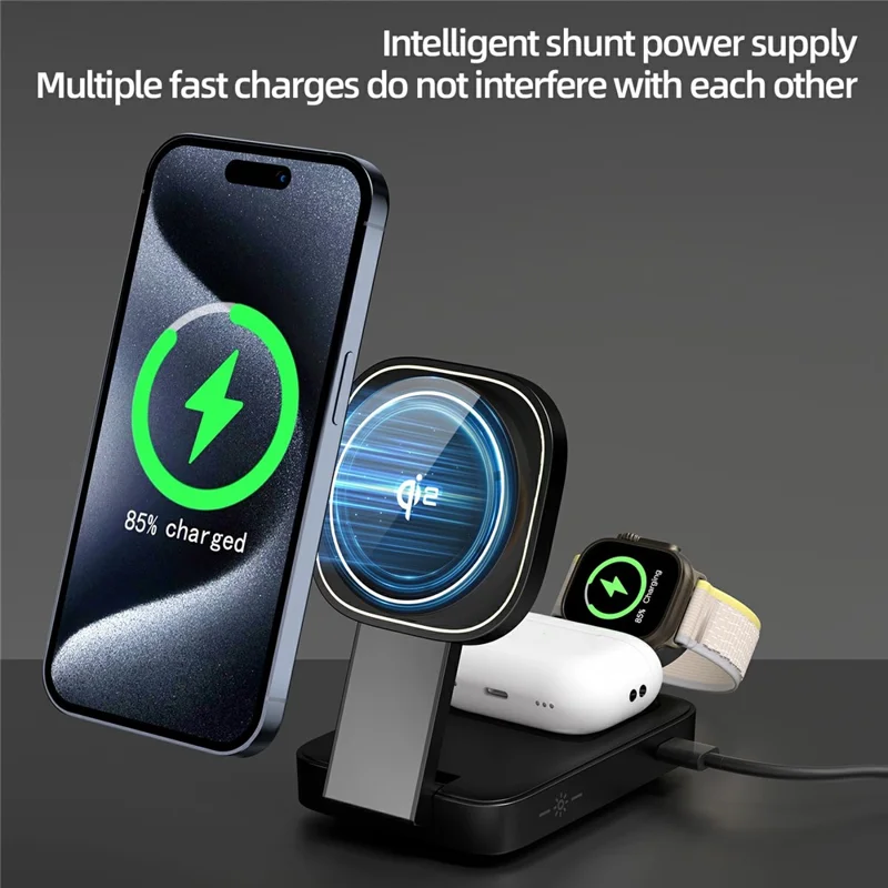 C40 Qi2 Magnetic Wireless Charger for iPhone / Apple Watch / AirPods 3 in 1 Foldable 15W Fast Charging Dock with LED Warm Light - Black