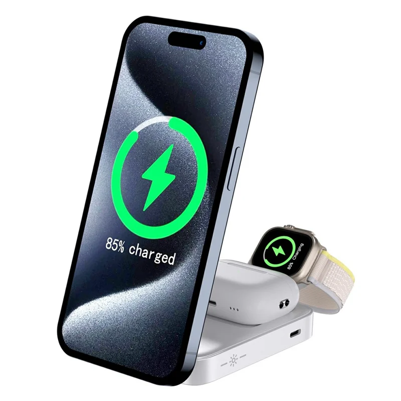Chargeur sans fil magnétique C40 Qi2 pour iPhone / Apple Watch / AirPods 3 en 1 Pliable 15W avec Lumière Chaude LED - Blanc