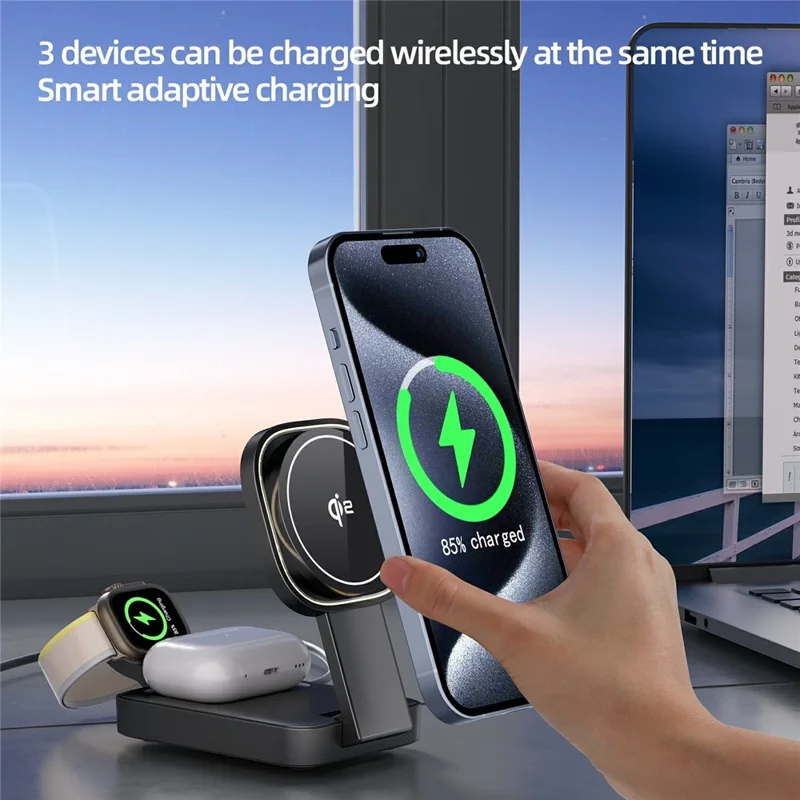 Chargeur sans fil magnétique C40 Qi2 pour iPhone / Apple Watch / AirPods 3 en 1 Pliable 15W avec Lumière Chaude LED - Blanc
