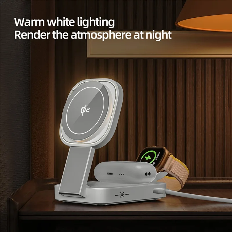 Chargeur sans fil magnétique C40 Qi2 pour iPhone / Apple Watch / AirPods 3 en 1 Pliable 15W avec Lumière Chaude LED - Blanc