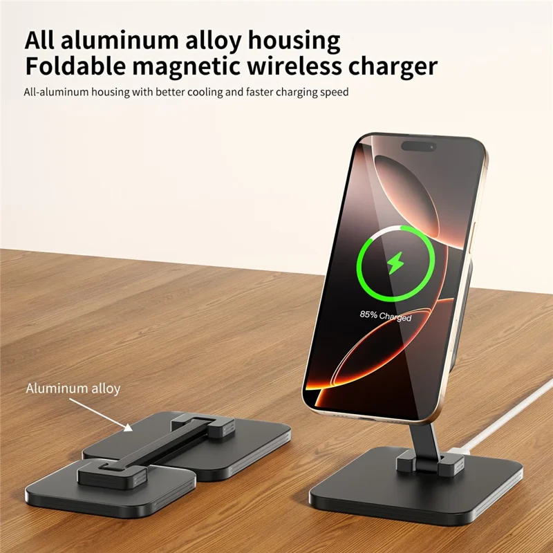 Cargador inalámbrico magnético C46 de 15W para iPhone / AirPods / Apple Watch - Soporte de carga plegable de aleación de aluminio - Plata