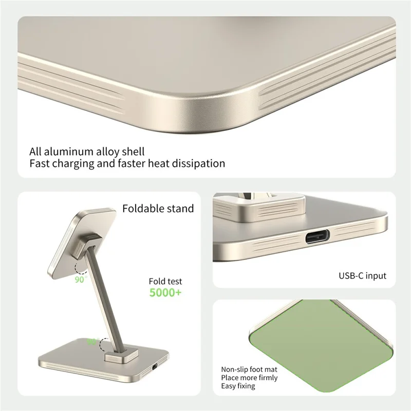 Cargador inalámbrico magnético C46 de 15W para iPhone / AirPods / Apple Watch - Soporte de carga plegable de aleación de aluminio - Plata
