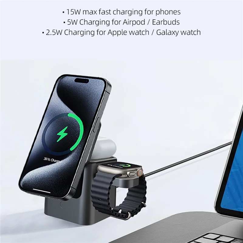 Station de charge sans fil 3 en 1 magnétique pliable avec base rotative