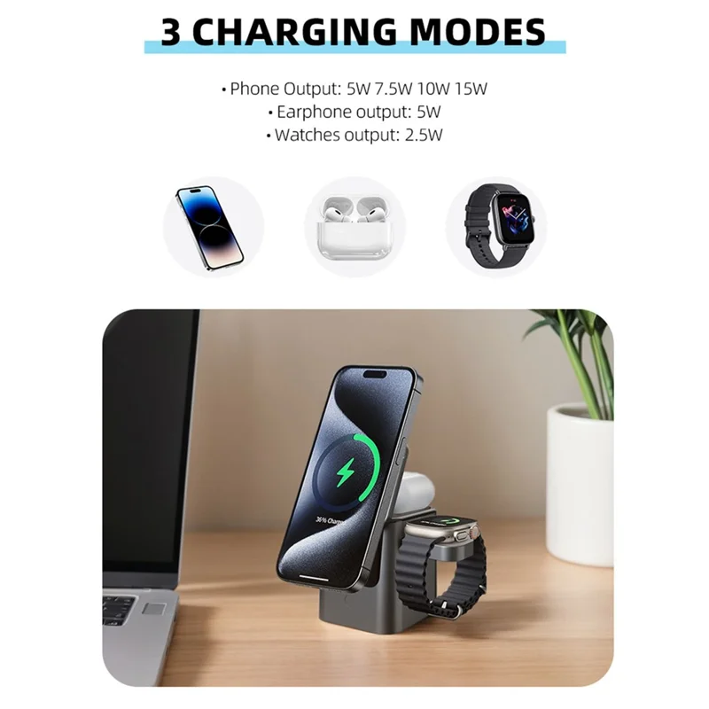 Station de charge sans fil 3 en 1 magnétique pliable avec base rotative