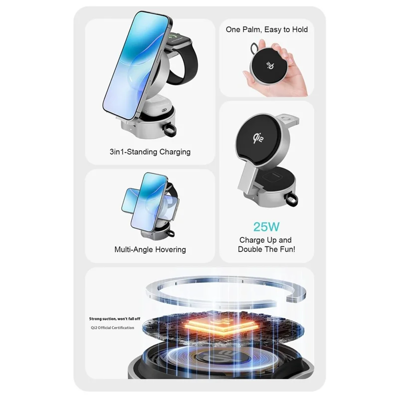 3 in 1 Magnetic Wireless Charger Phone Watch Earbuds Foldable Charging Station Dock - Silver Grey