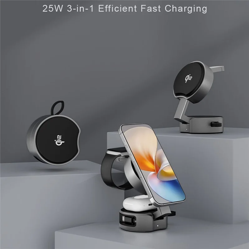 3 in 1 Magnetic Wireless Charger Phone Watch Earbuds Foldable Charging Station Dock - Silver Grey