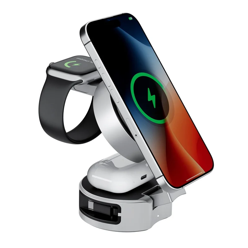 3 in 1 Magnetic Wireless Charger Phone Watch Earbuds Foldable Charging Station Dock - Silver Grey