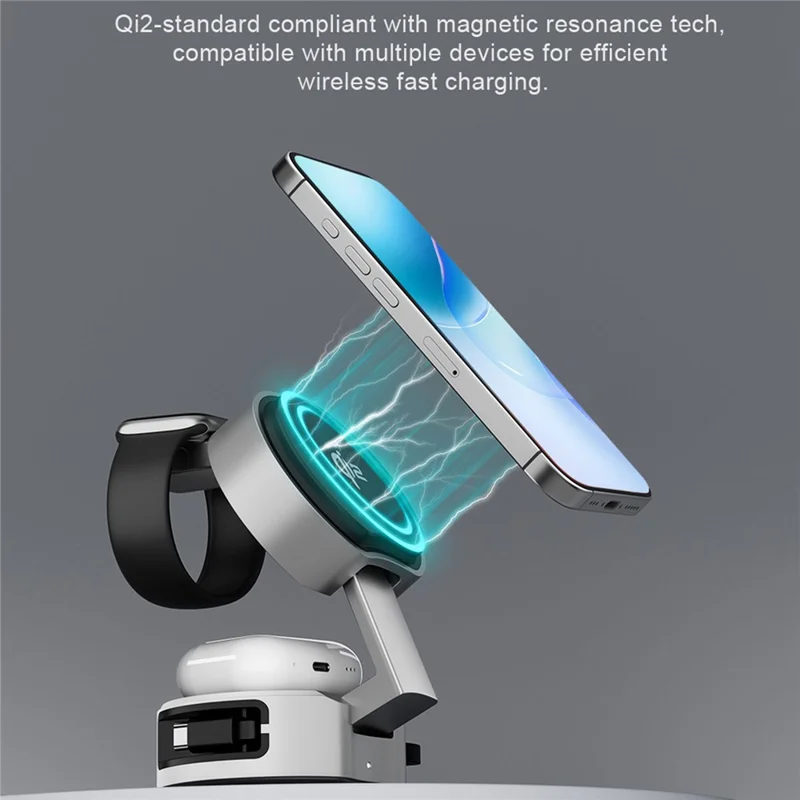 3 in 1 Magnetic Wireless Charger Phone Watch Earbuds Foldable Charging Station Dock - Silver Grey