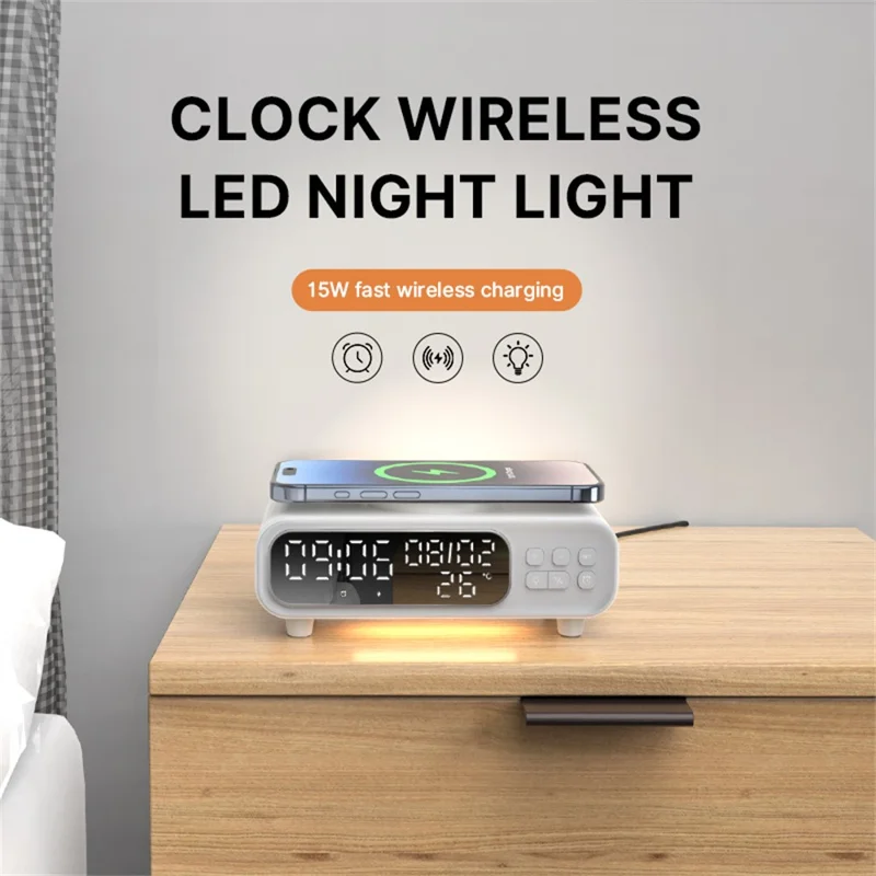 D15 Multifunctional 15W Wireless Charging Station with Night Light Alarm Clock Calendar Temperature Display