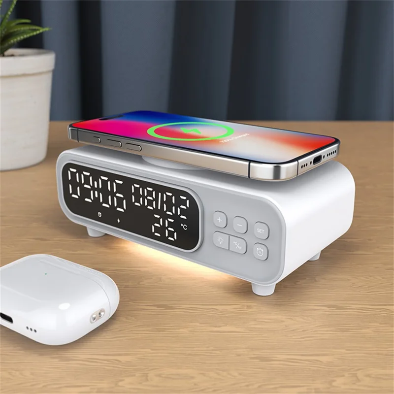 D15 Multifunctional 15W Wireless Charging Station with Night Light Alarm Clock Calendar Temperature Display
