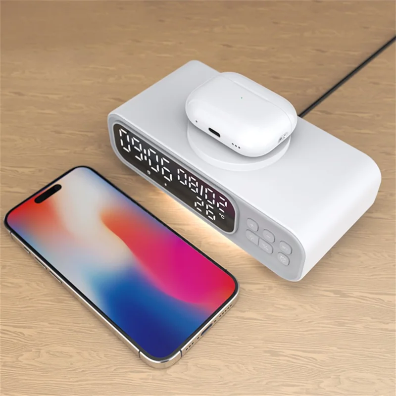 D15 Multifunctional 15W Wireless Charging Station with Night Light Alarm Clock Calendar Temperature Display