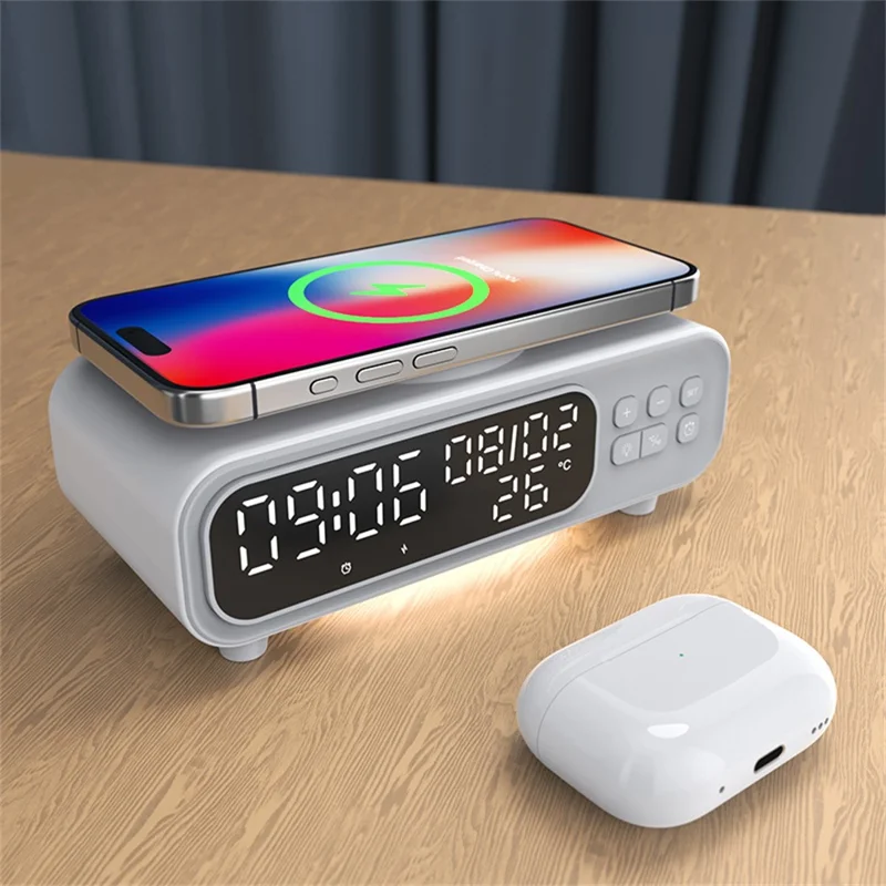 D15 Multifunctional 15W Wireless Charging Station with Night Light Alarm Clock Calendar Temperature Display