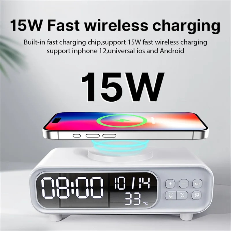 D15 Multifunctional 15W Wireless Charging Station with Night Light Alarm Clock Calendar Temperature Display