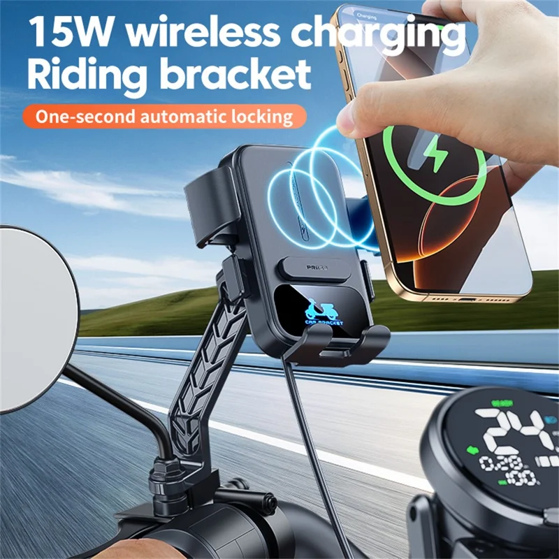 Motorcycle Phone Mount Holder 15W Wireless Charger with Sunshade for Delivery Riders Navigation