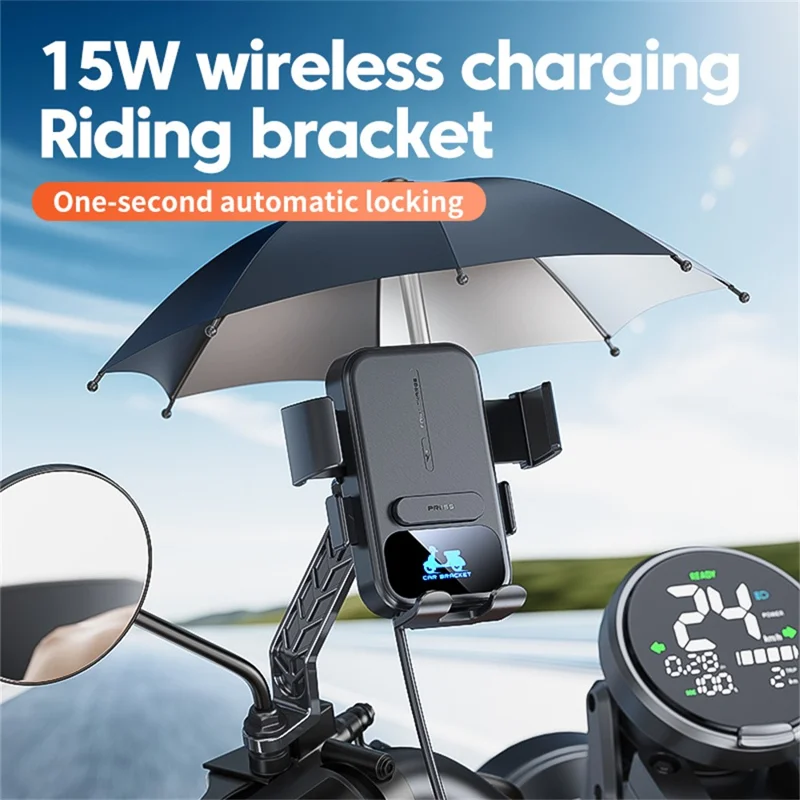 Motorcycle Phone Mount Holder 15W Wireless Charger with Sunshade for Delivery Riders Navigation