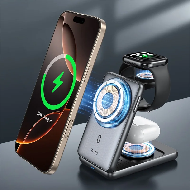 TOTU CW-4-W Wireless Charging Station 3 in 1 Magnetic Folding Charger Stand for Phone Watch Earbuds - Grey