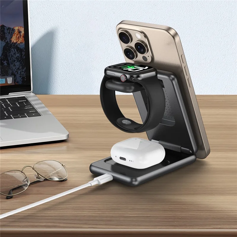TOTU CW-4-W Wireless Charging Station 3 in 1 Magnetic Folding Charger Stand for Phone Watch Earbuds - Grey