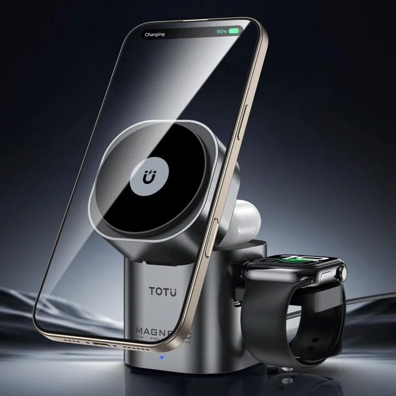 Estação de Carregamento Sem Fio TOTU CW-10-W 3 em 1 Rotativa Magnética para Telefone, Fones de Ouvido e Relógio - Preto