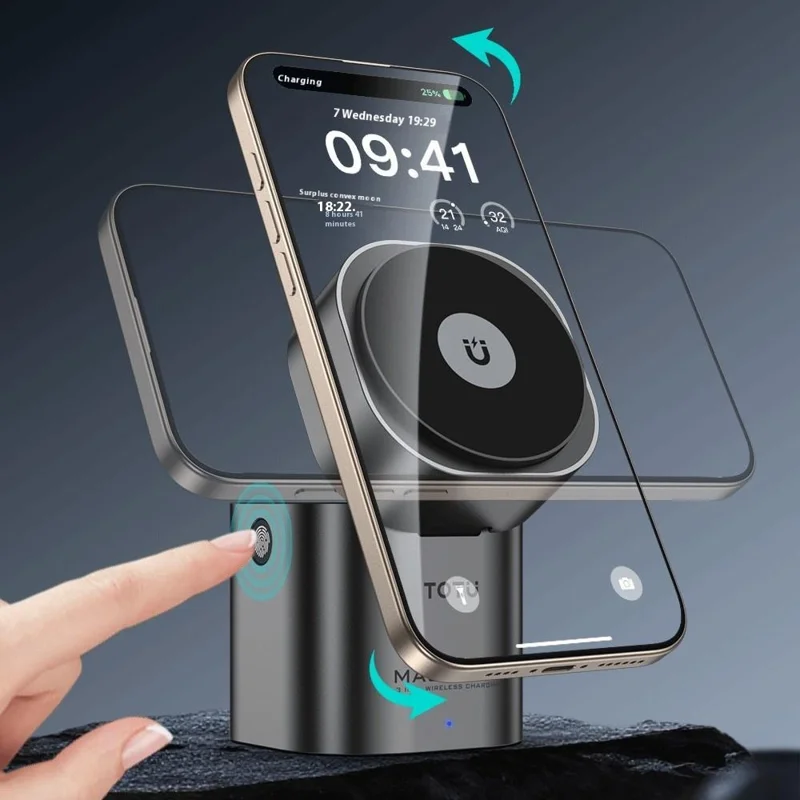 Estação de Carregamento Sem Fio TOTU CW-10-W 3 em 1 Rotativa Magnética para Telefone, Fones de Ouvido e Relógio - Preto