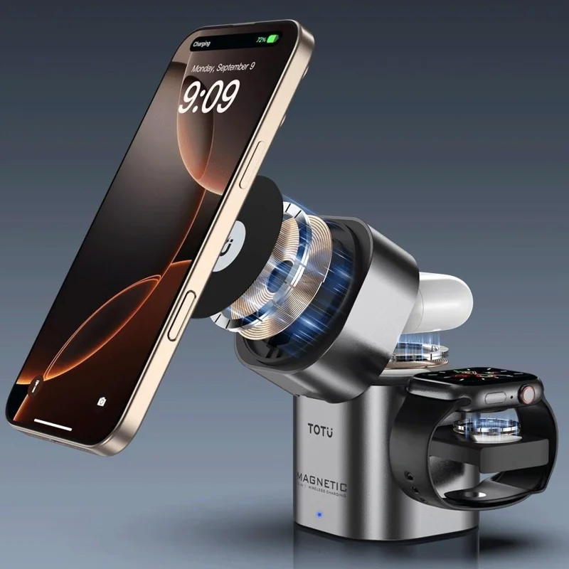 Estação de Carregamento Sem Fio TOTU CW-10-W 3 em 1 Rotativa Magnética para Telefone, Fones de Ouvido e Relógio - Preto