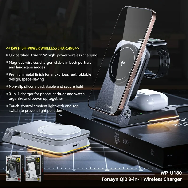 WEKOME WP-U180 Tonayn Qi2 3 in 1 Foldable Wireless Charger 15W Fast Charging for Phone Smartwatch Earbuds - Silver