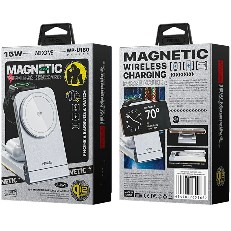 WEKOME WP-U180 Tonayn Qi2 3 in 1 Foldable Wireless Charger 15W Fast Charging for Phone Smartwatch Earbuds - Silver